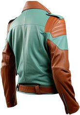 Men's Stylish Mint Green and Brown Sheepskin Leather Biker Jacket